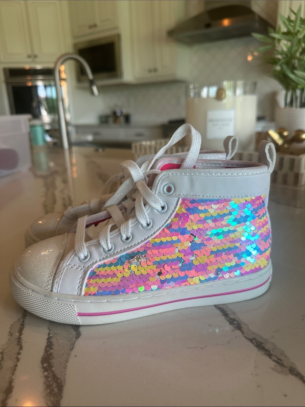 JoJo Siwa White High-Top Sneakers with Iridescent Pink & Blue Sequins